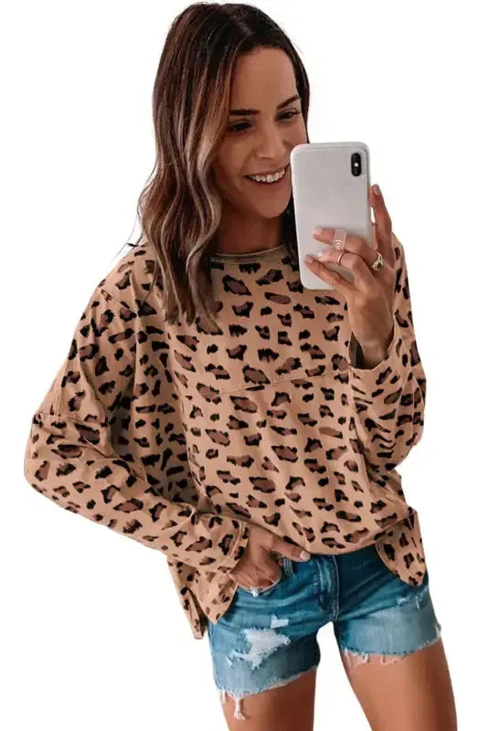 Leopard Animal Print Stitching Loose Long Sleeve Top - Fashionfitz