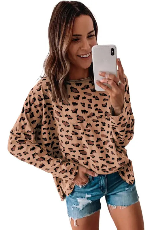 Leopard animal print stitching loose long sleeve top - tops