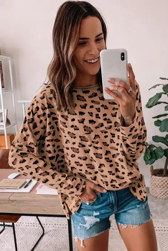 Leopard animal print stitching loose long sleeve top - tops