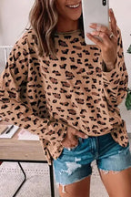 Leopard Animal Print Stitching Loose Long Sleeve Top - Fashionfitz