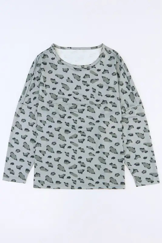 Leopard animal print stitching loose long sleeve top - tops