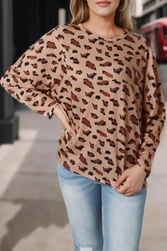 Leopard animal print stitching loose long sleeve top - tops