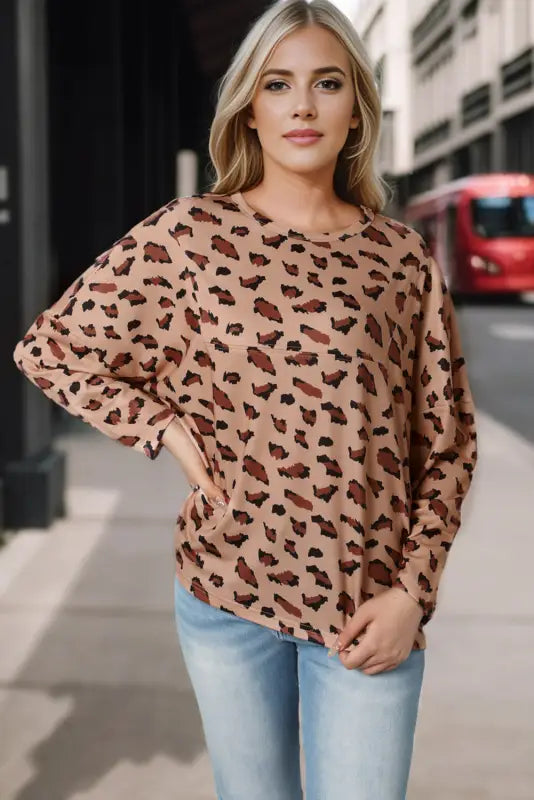 Leopard animal print stitching loose long sleeve top - tops