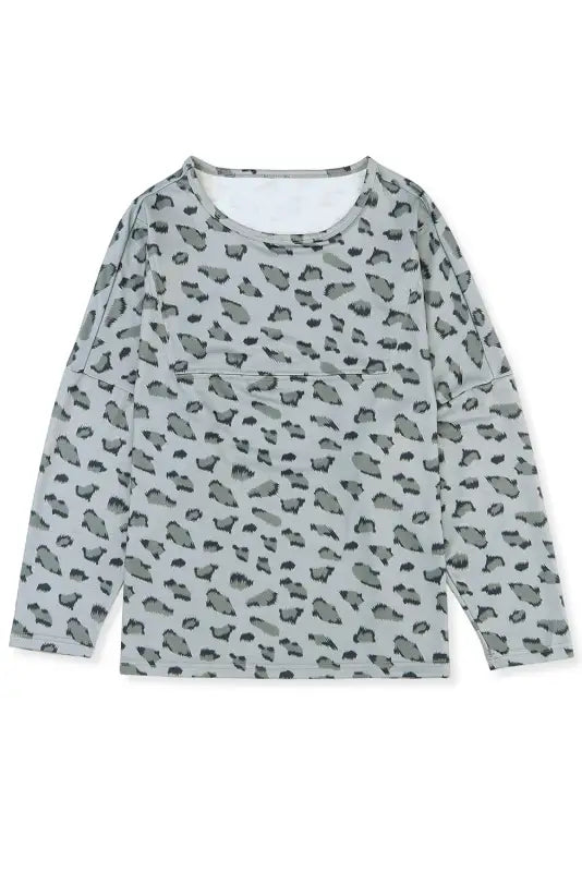 Leopard animal print stitching loose long sleeve top - tops