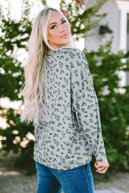 Leopard animal print stitching loose long sleeve top - tops