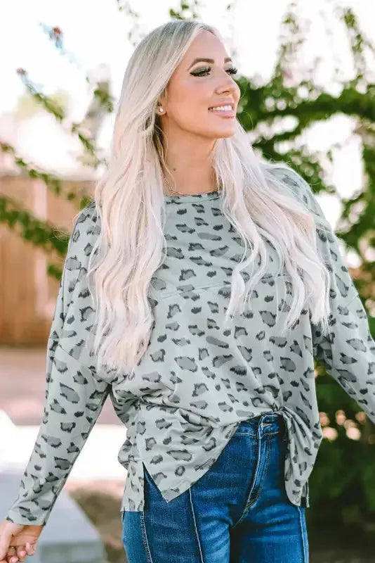Leopard Animal Print Stitching Loose Long Sleeve Top - Fashionfitz