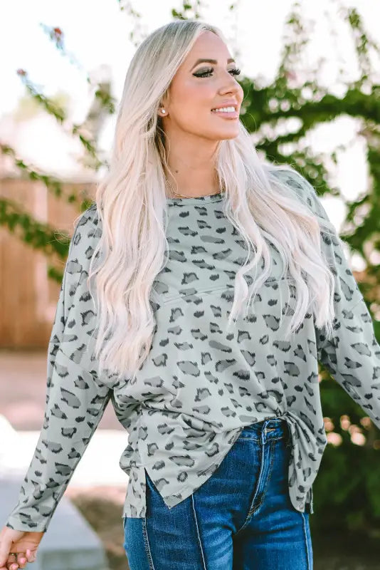 Leopard animal print stitching loose long sleeve top - tops