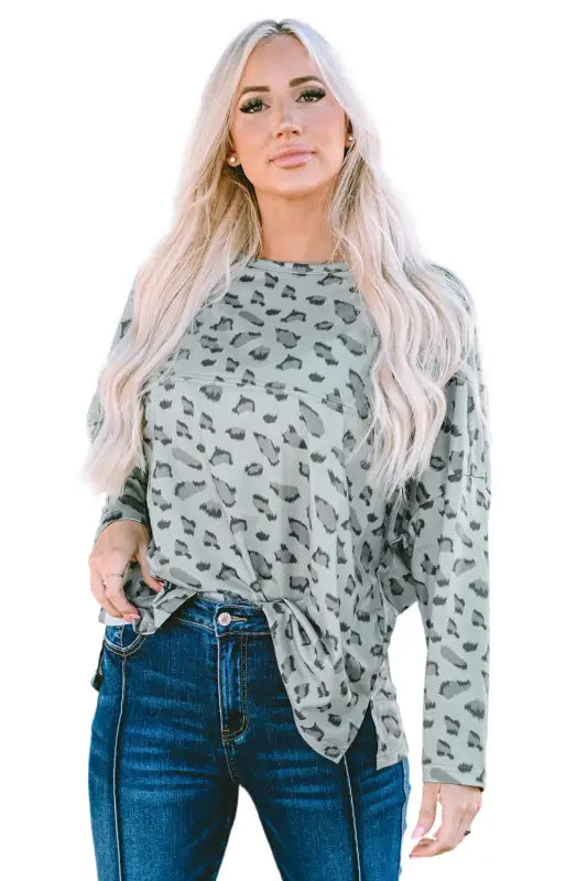 Leopard animal print stitching loose long sleeve top - tops