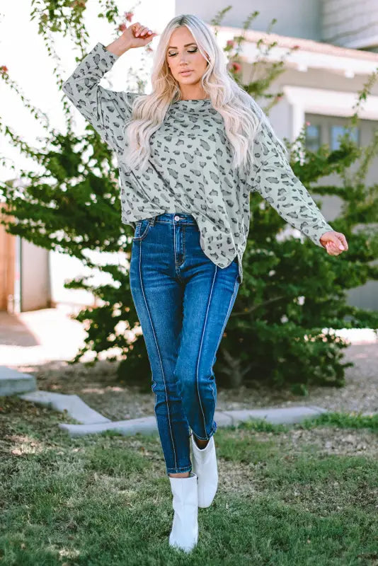 Leopard animal print stitching loose long sleeve top - tops