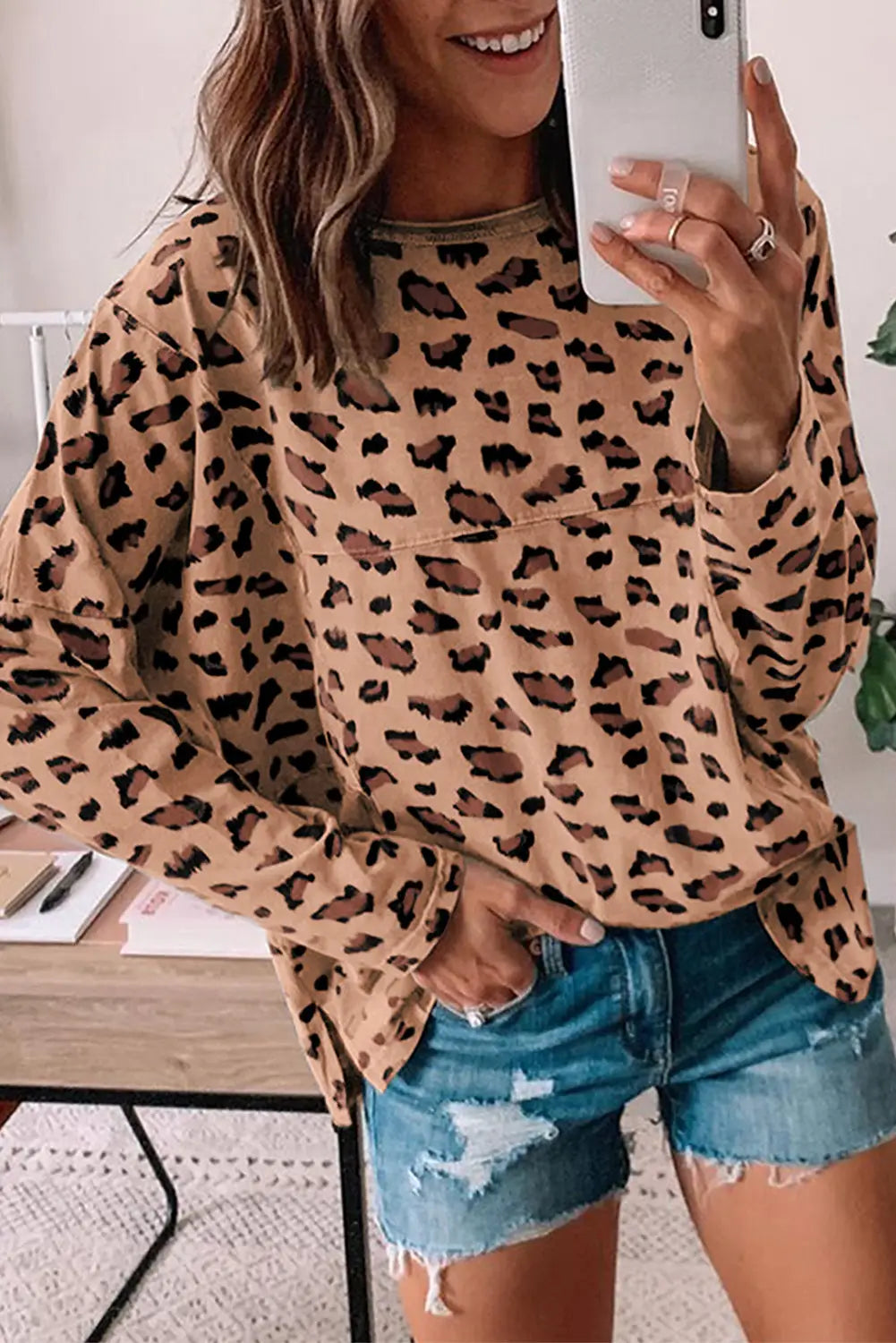 Leopard animal print stitching loose long sleeve top - brown / s / 95% polyester + 5% elastane - tops
