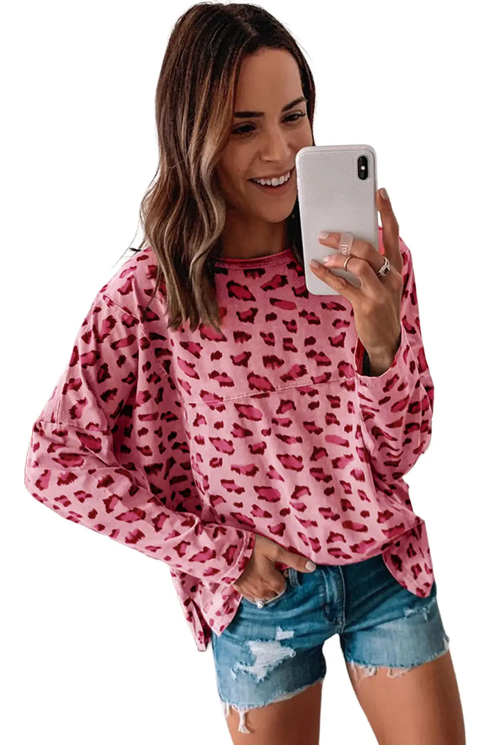 Leopard animal print stitching loose long sleeve top - tops