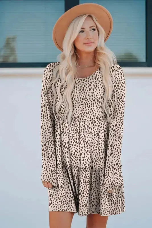Leopard Animal Print Tiered Long Sleeve Dress - Fashionfitz