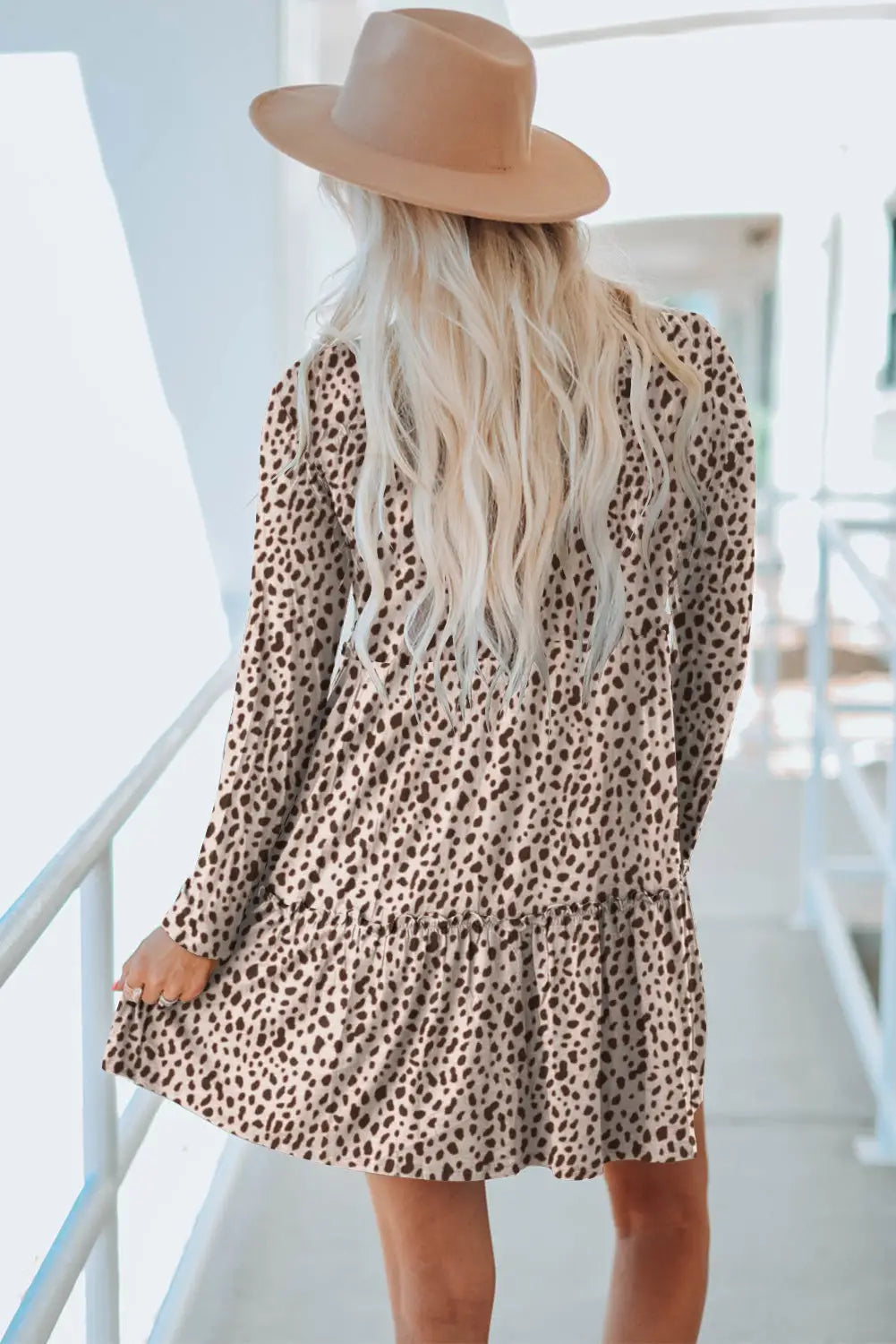 Leopard animal print tiered long sleeve dress - mini dresses