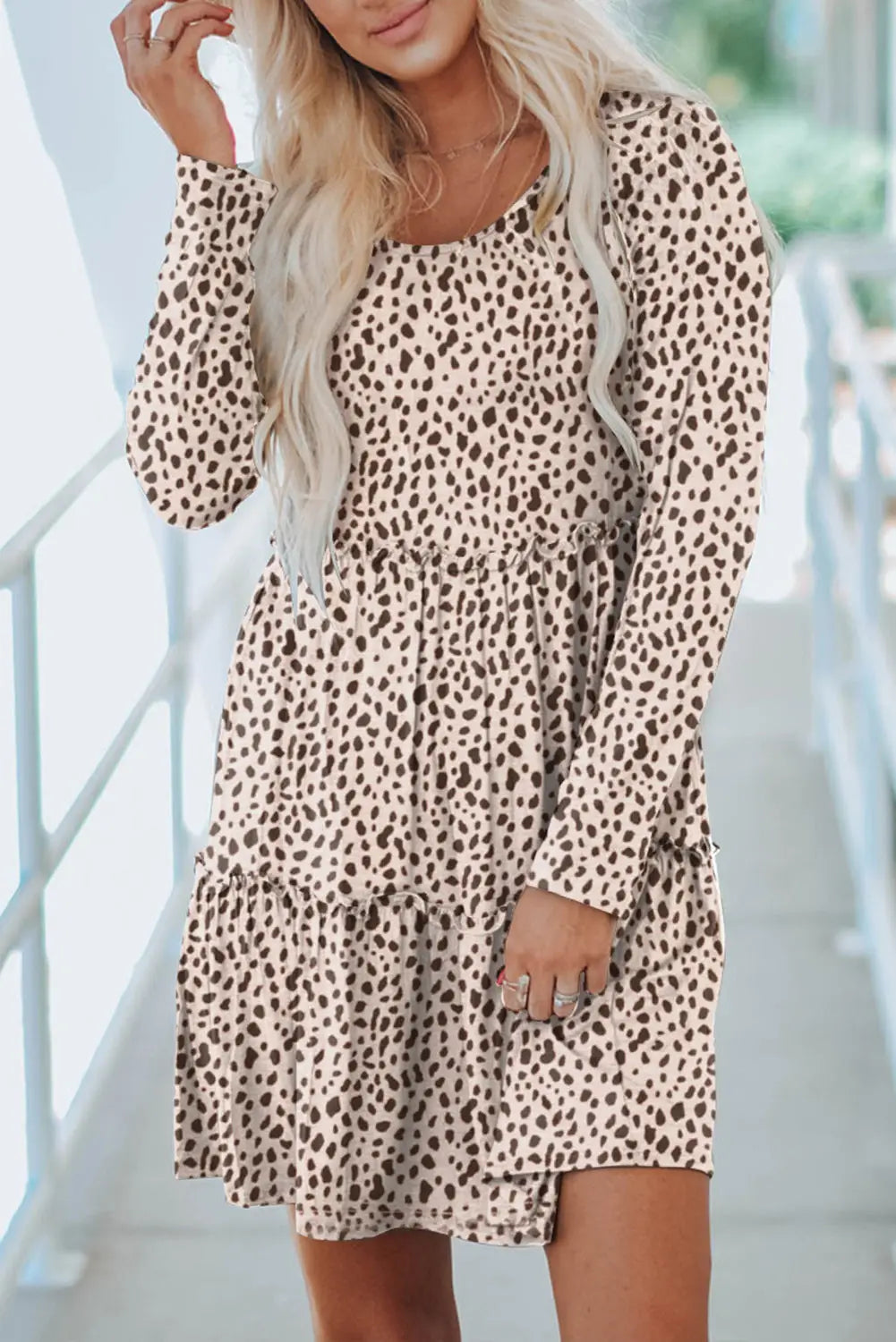 Leopard animal print tiered long sleeve dress - s / 95% polyester + 5% elastane - mini dresses