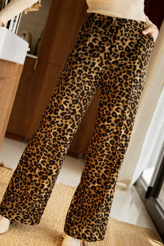 Leopard animal print wide leg pants - s / 95% polyester + 5% elastane - bottoms