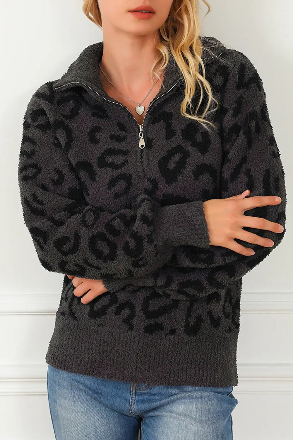 Leopard animal print zipped collared sweater - s / 100% polyester - sweaters & cardigans