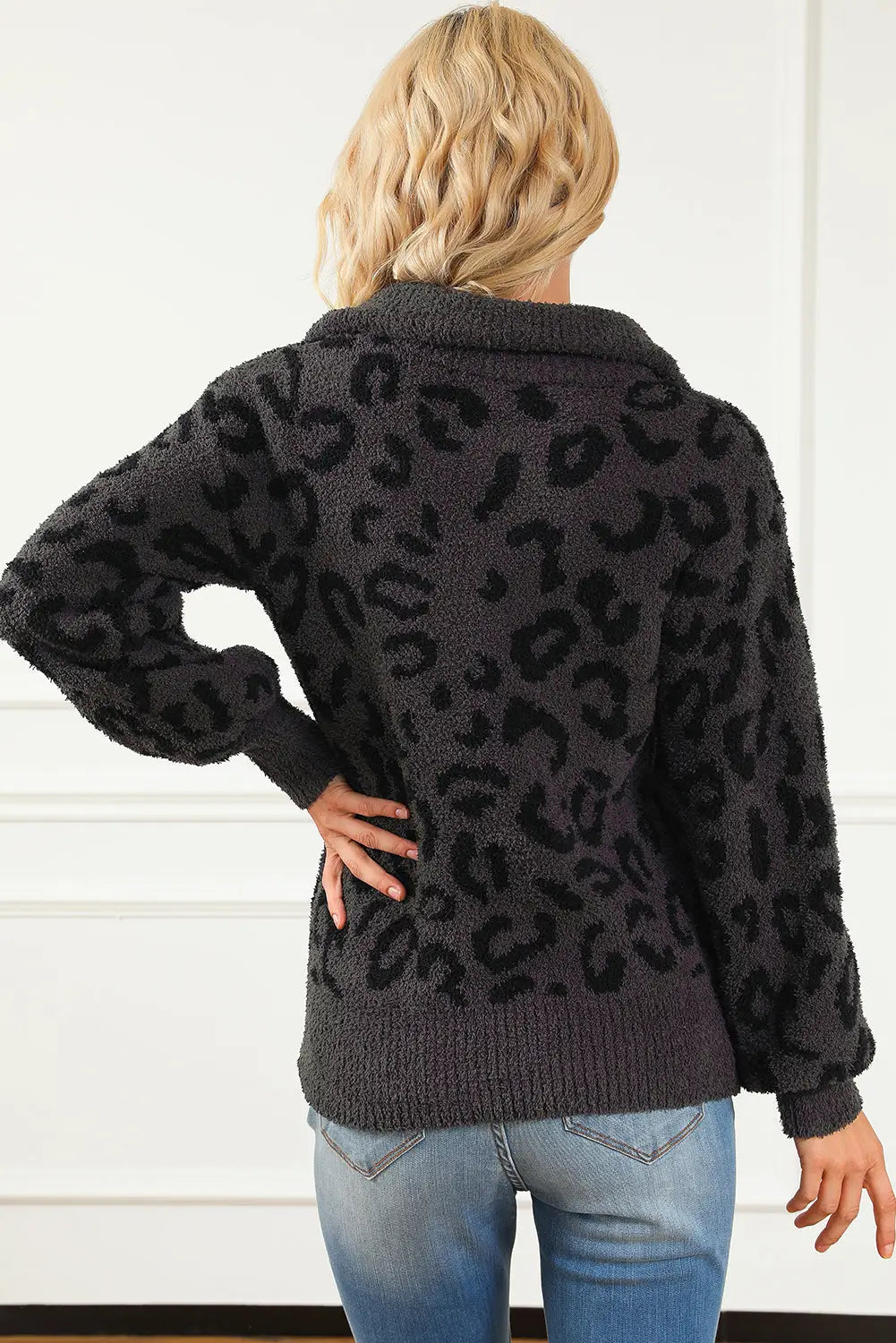 Leopard animal print zipped collared sweater - sweaters & cardigans