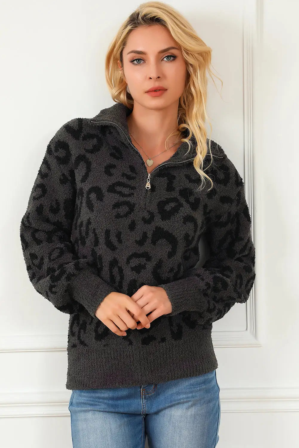 Leopard animal print zipped collared sweater - sweaters & cardigans