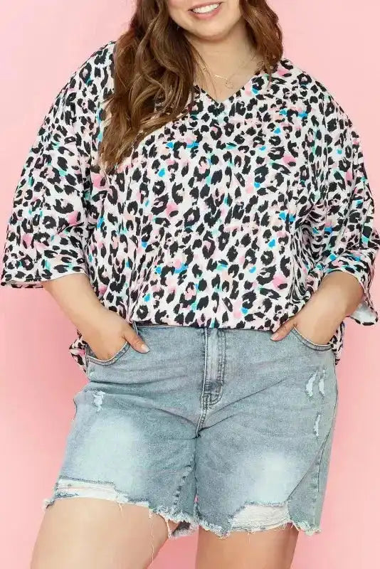 Leopard Batwing Sleeve Plus Size Top - Fashionfitz