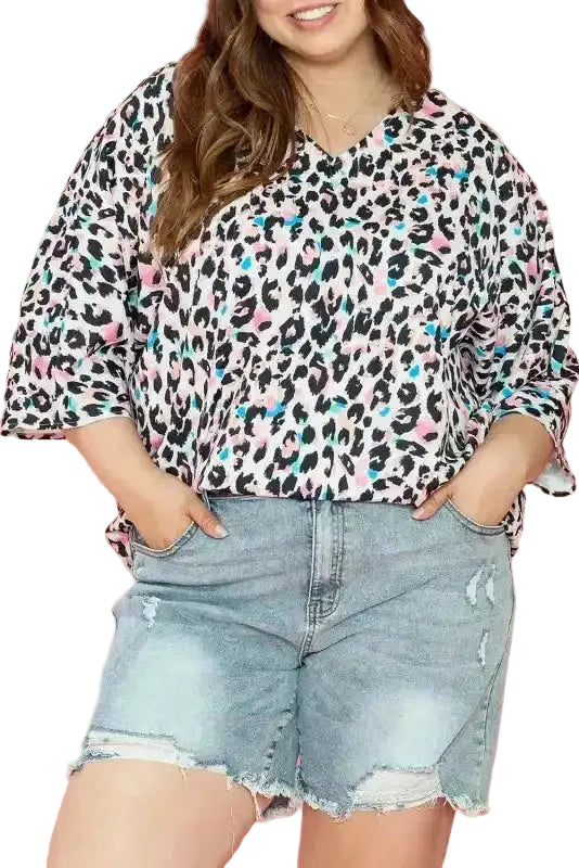 Leopard Print Batwing Half Sleeve Plus Size Top Women UK — front view showing brown leopard print and batwing sleeves — Fashionfitz