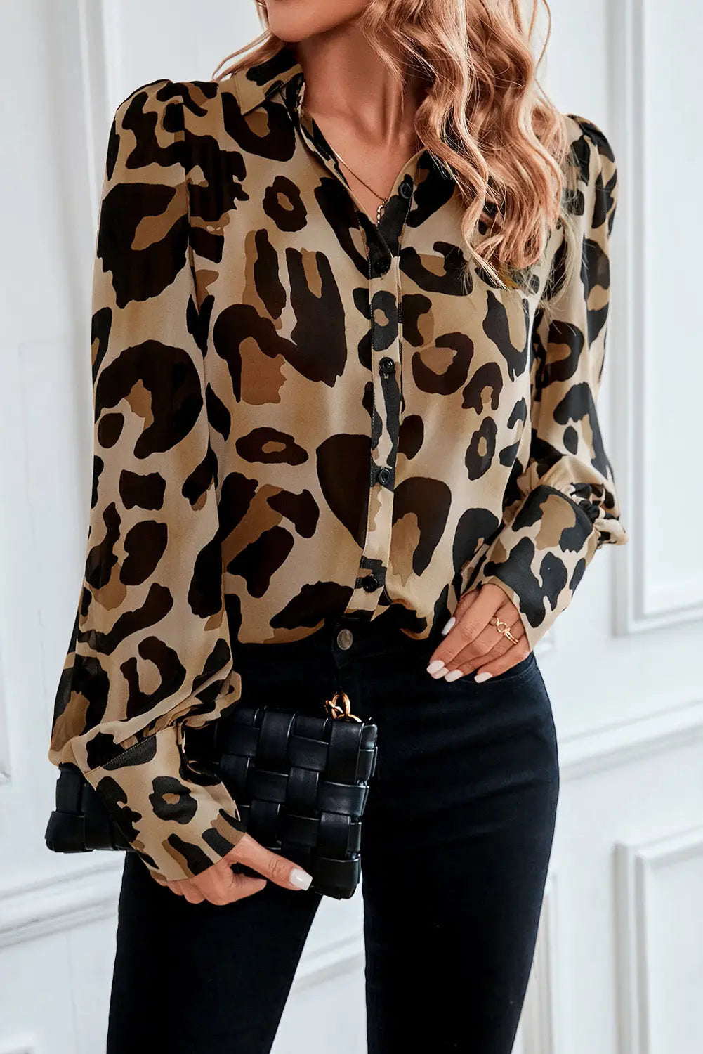 Leopard bishop sleeve button up turn down collar shirt - s / 100% polyester - tops