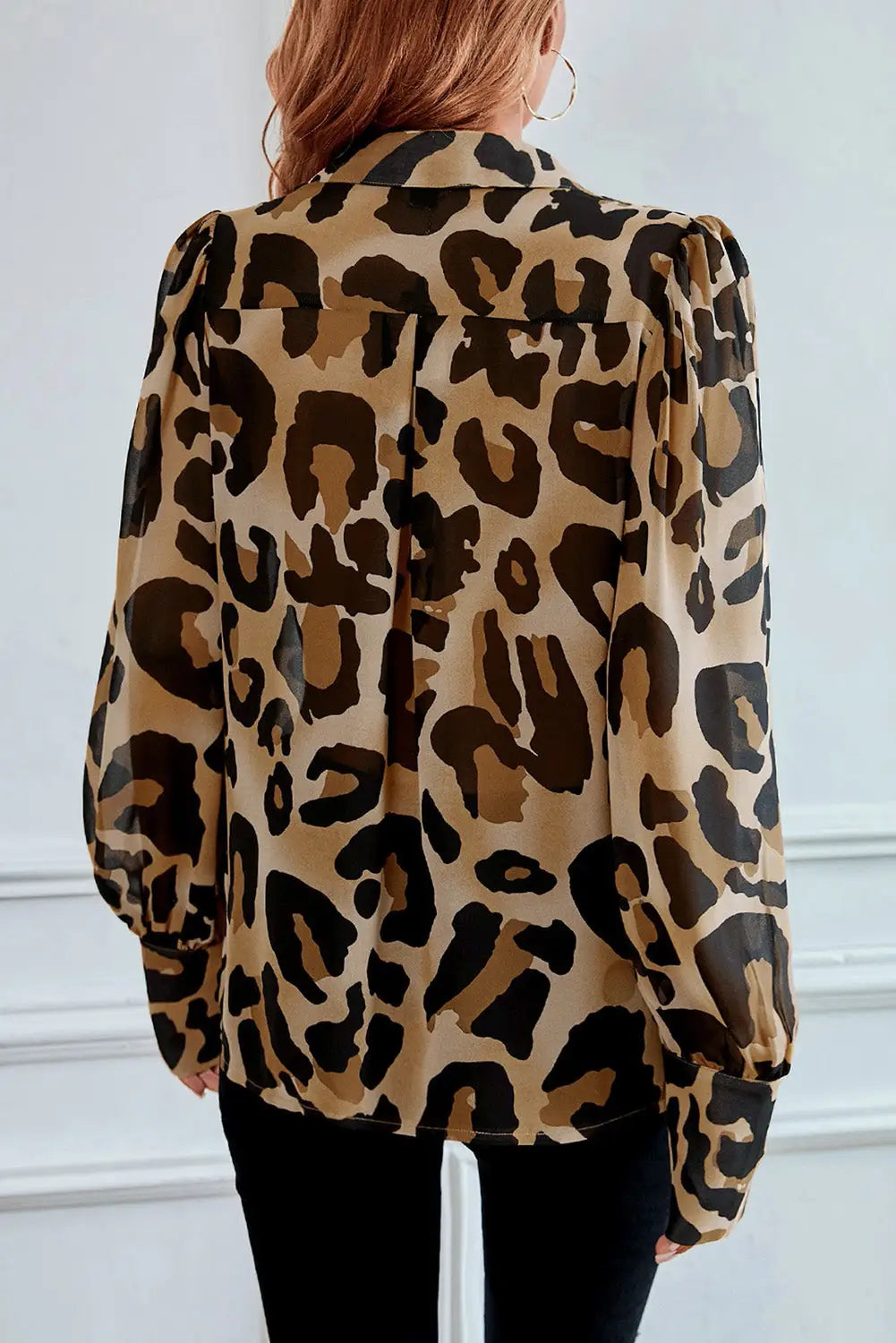 Leopard bishop sleeve button up turn down collar shirt - tops