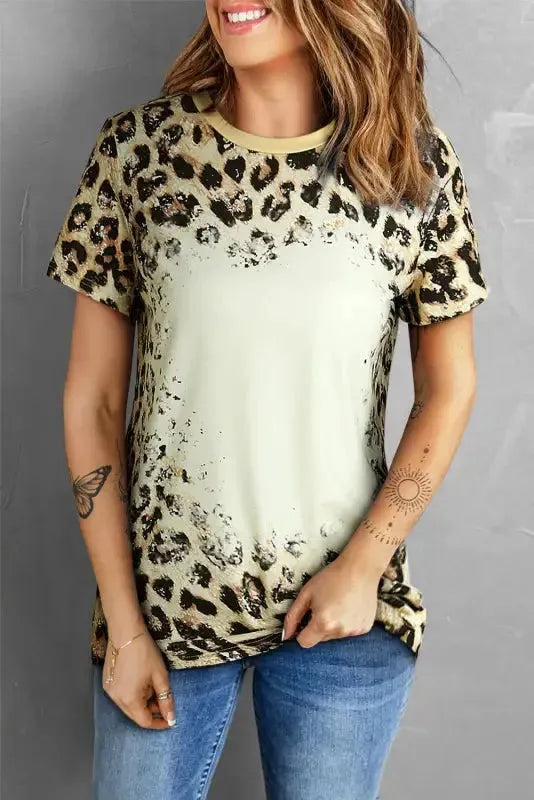 Leopard Bleached O-neck T Shirt - Fashionfitz