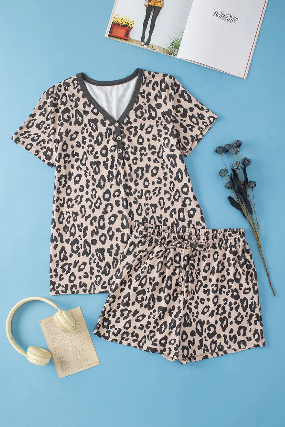 Leopard button tee and shorts set - two piece sets/short sets