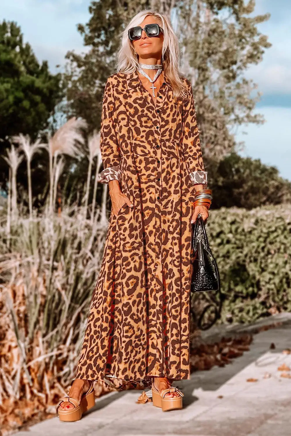 Leopard button-up long sleeve maxi dress - dresses