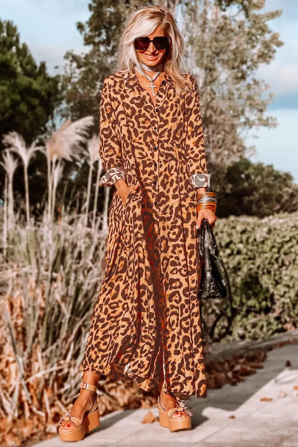 Leopard button-up long sleeve maxi dress - dresses