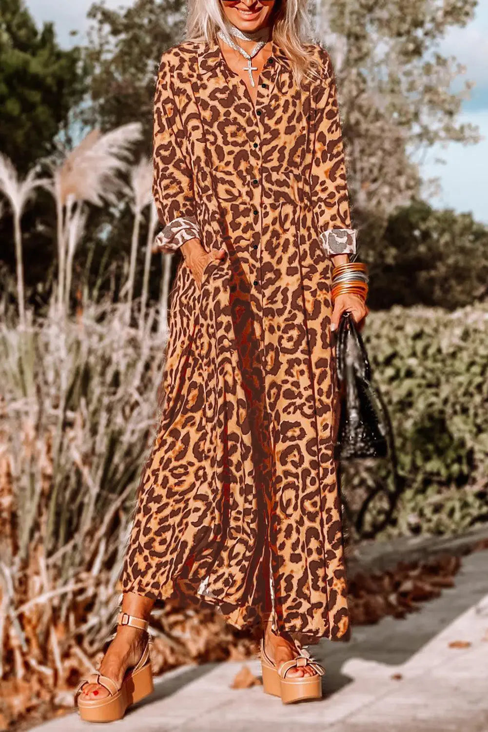 Leopard button-up long sleeve maxi dress - s / 100% polyester - dresses