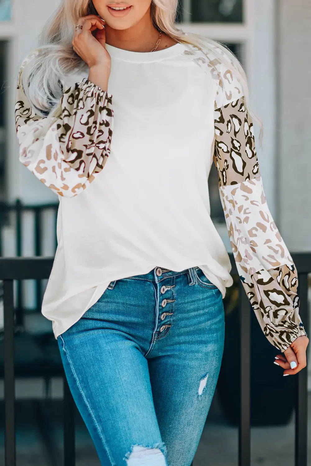 Leopard color block crew neck long sleeve blouse - beige1 / 2xl 95% polyester + 5% spandex graphic