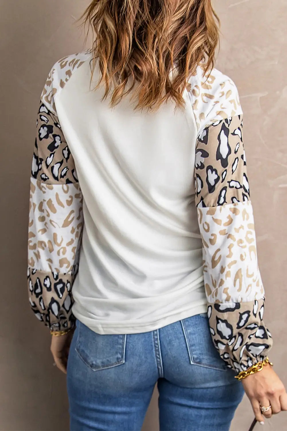 Leopard color block crew neck long sleeve blouse - graphic