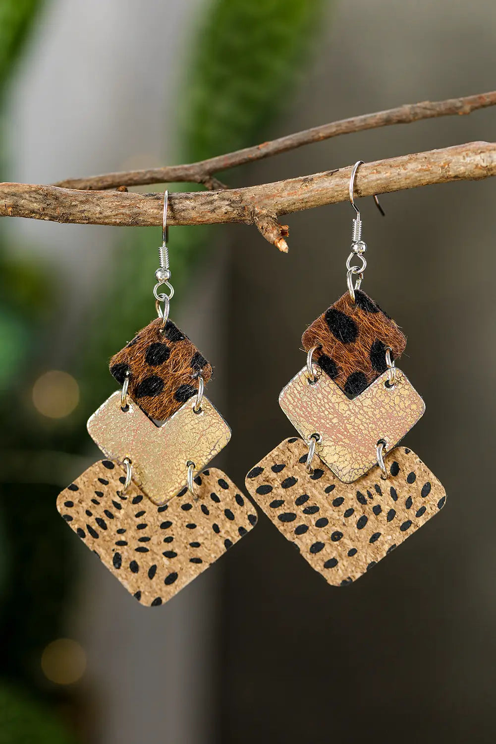Leopard color block layered drop earrings - one size / 95% pu + 5% alloy