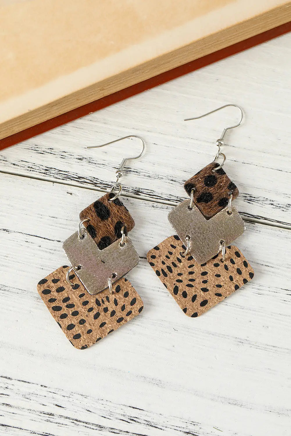 Leopard color block layered drop earrings - one size / 95% pu + 5% alloy