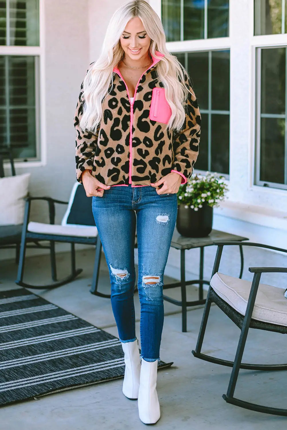 Leopard colorblock pocket zipper fuzzy fleece jacket - outerwear