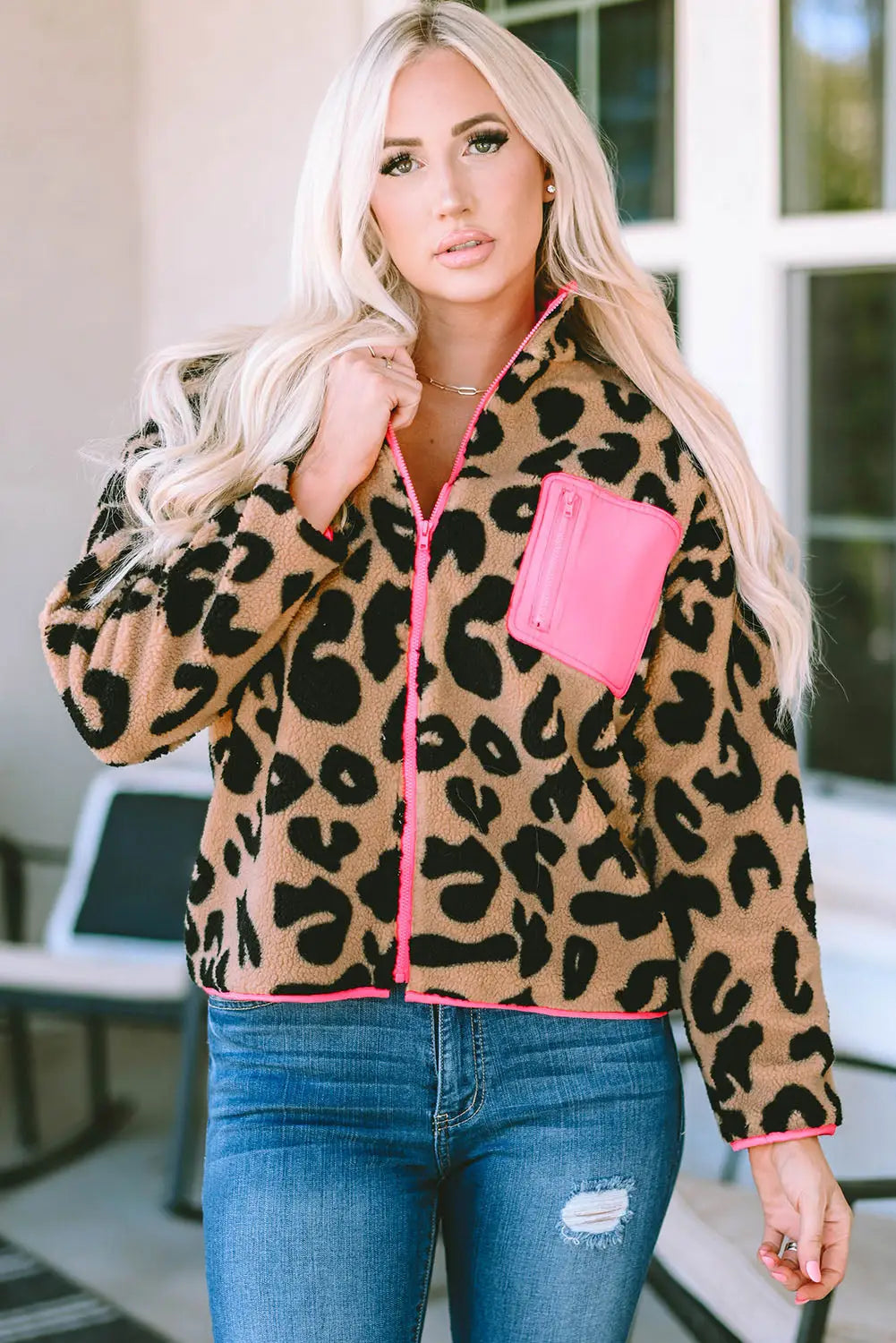 Leopard colorblock pocket zipper fuzzy fleece jacket - s / 100% polyester - outerwear