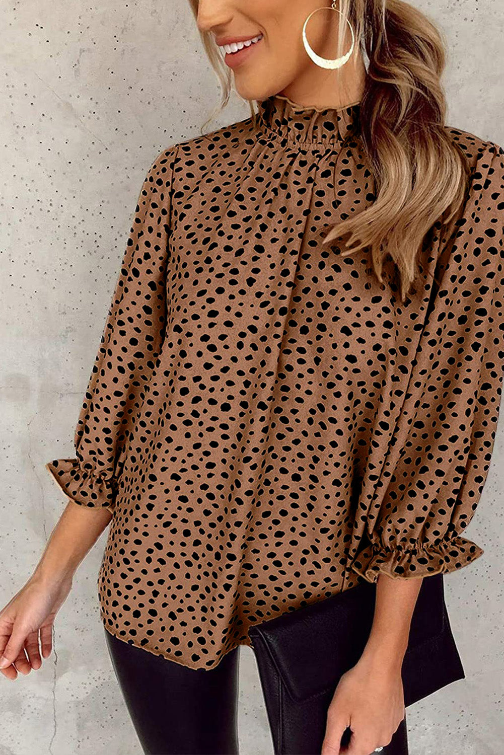 Leopard colorblock swiss dot flutter sleeve square neck mini dress - brown / s / 100% polyester - dresses