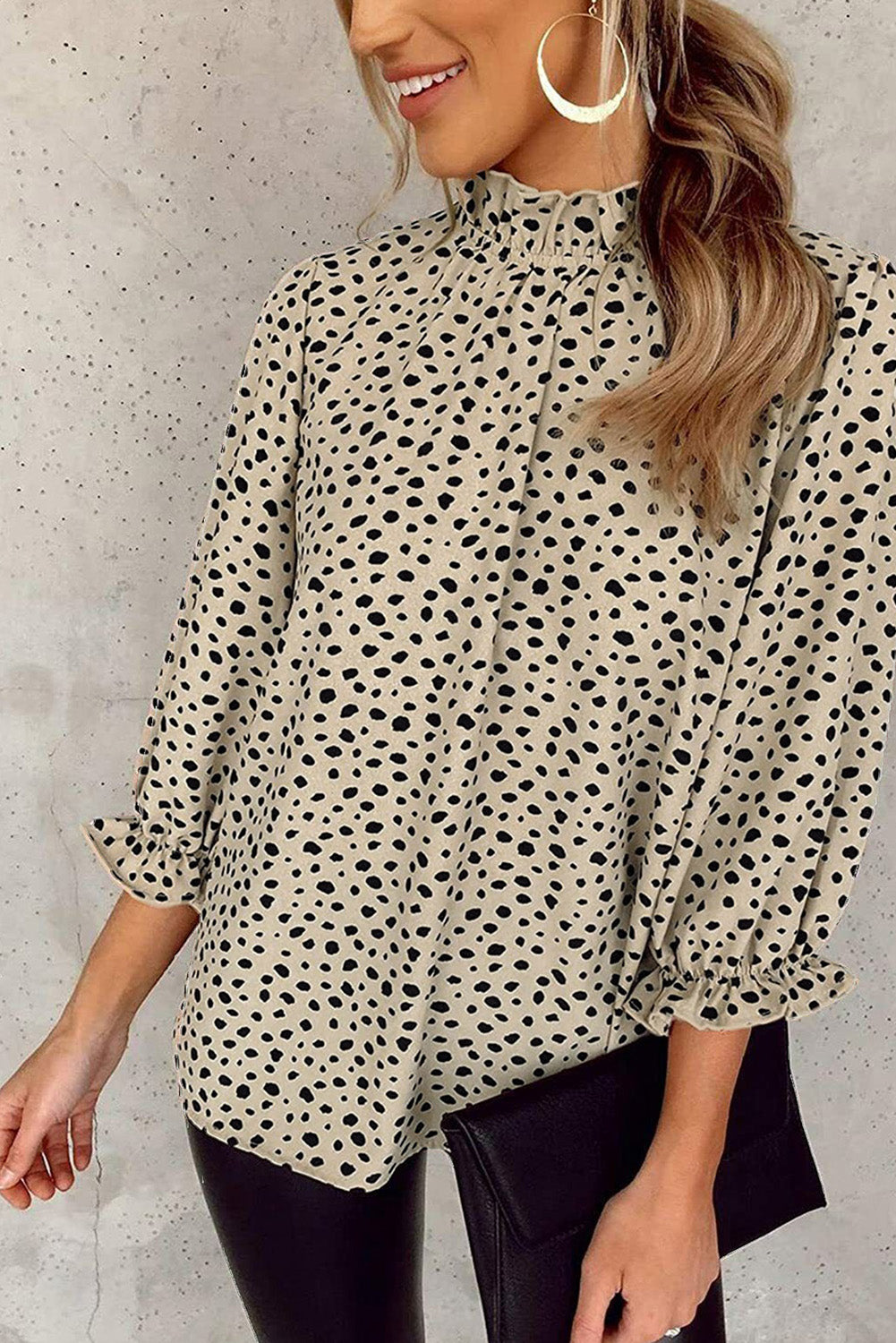 Leopard colorblock swiss dot flutter sleeve square neck mini dress - khaki / s / 100% polyester - dresses