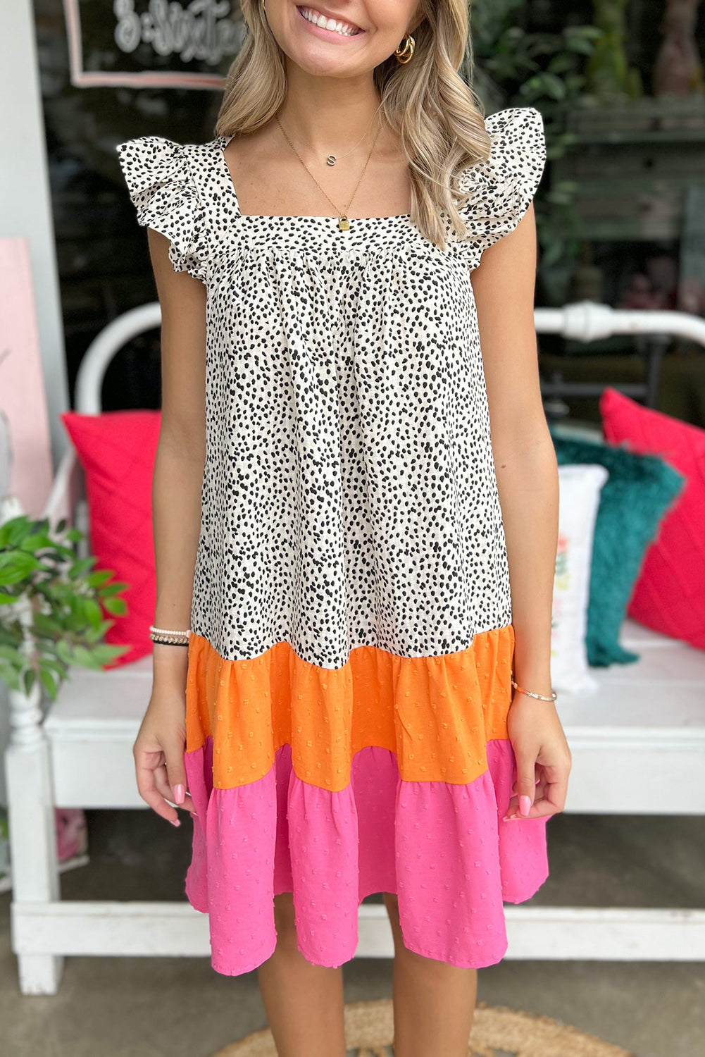 Leopard colorblock swiss dot flutter sleeve square neck mini dress - s / 100% polyester - dresses