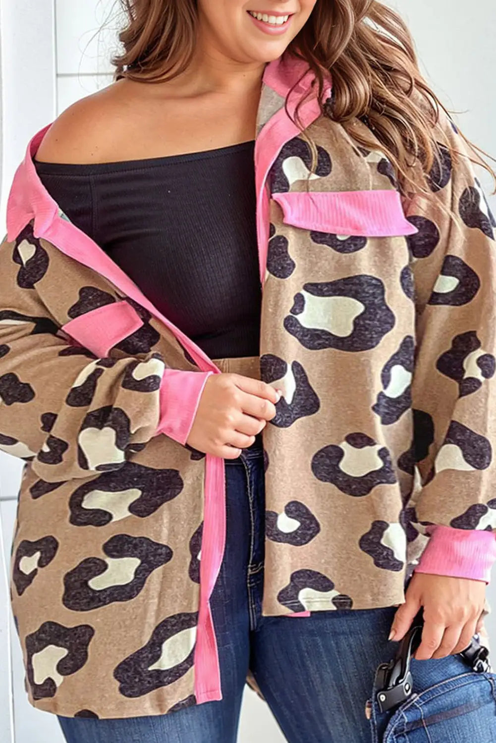 Leopard contrast trim fake flap pocket plus size jacket - 1x