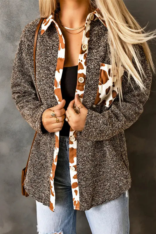 Leopard cow print patchwork buttoned shirt jacket - shackets