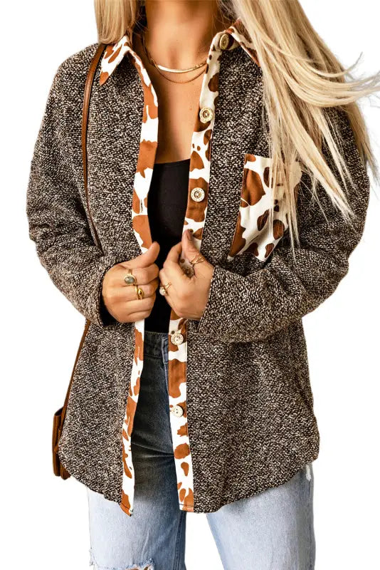 Leopard cow print patchwork buttoned shirt jacket - shackets