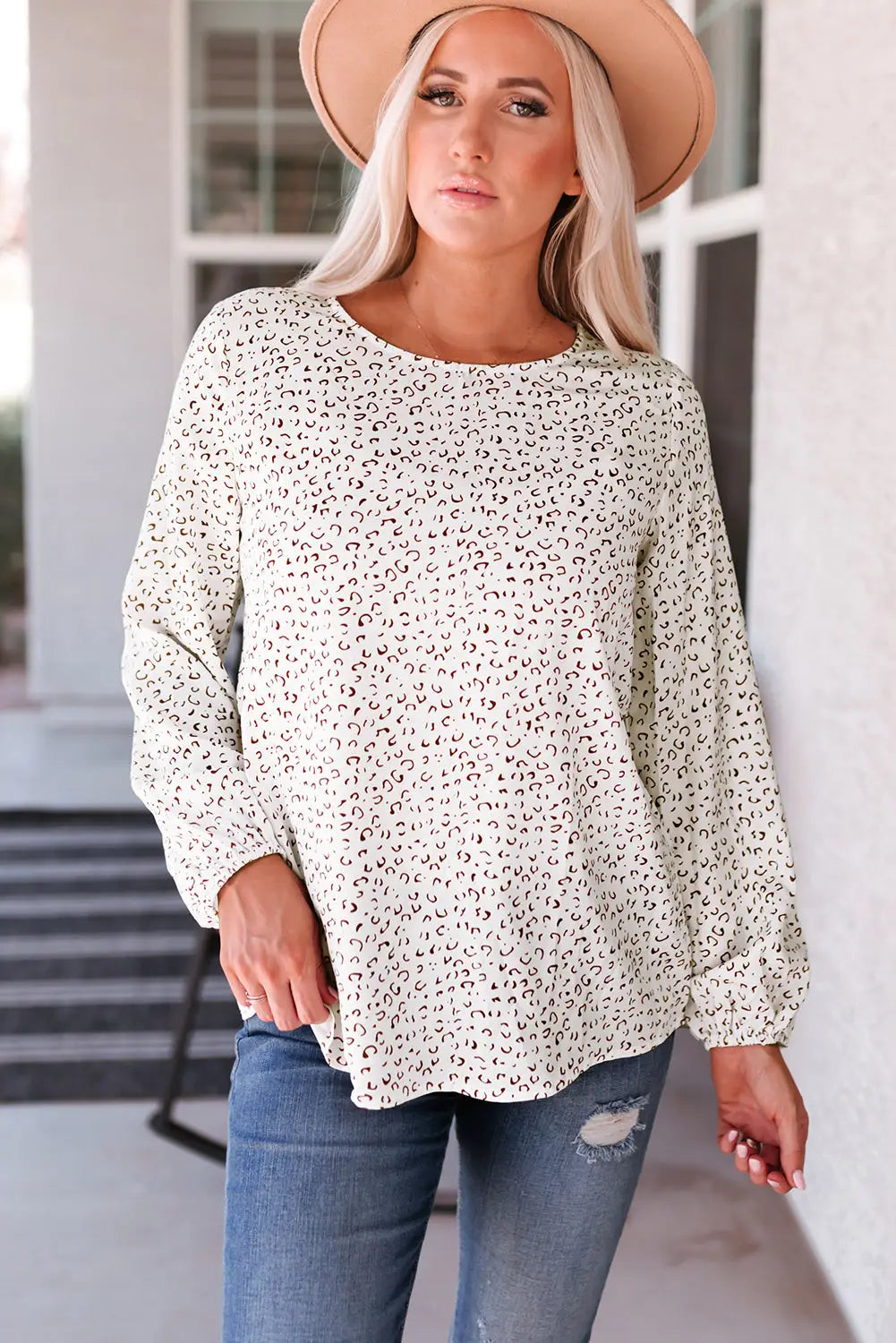 Leopard crew neck long sleeve blouse - s / 100% polyester - tops