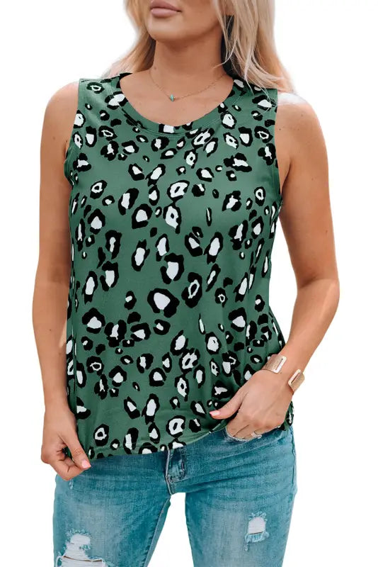 Leopard crew neck tank top - tops