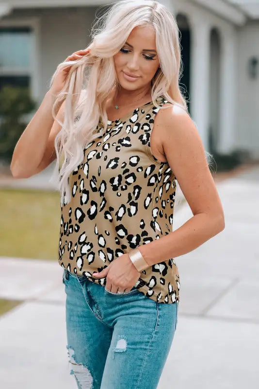 Leopard crew neck tank top - tops