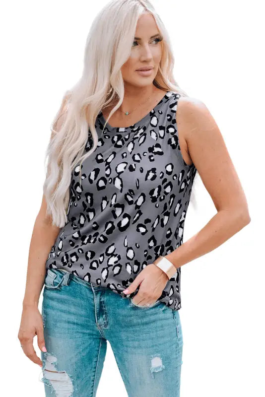 Leopard crew neck tank top - tops