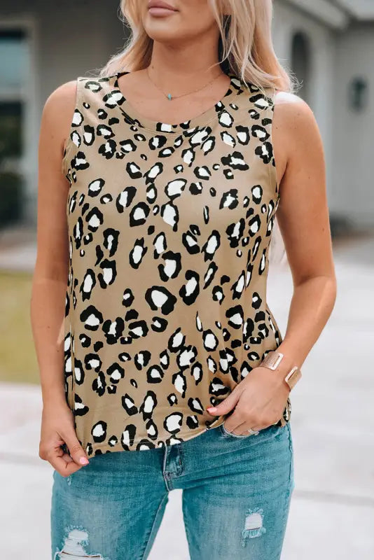 Leopard crew neck tank top - tops