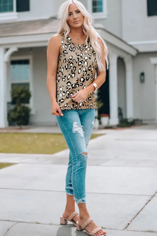 Leopard crew neck tank top - tops