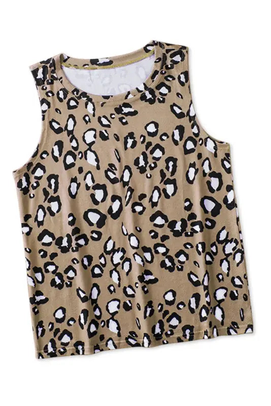 Leopard crew neck tank top - tops